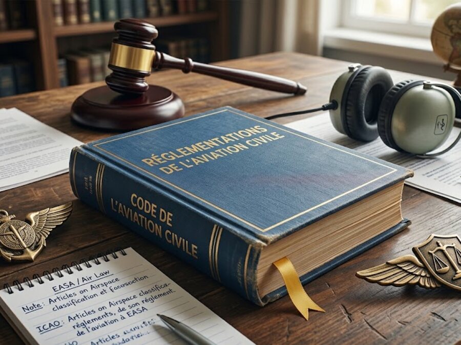 Code de l'aviation civile, marteau de juge et casque de pilote sur un bureau