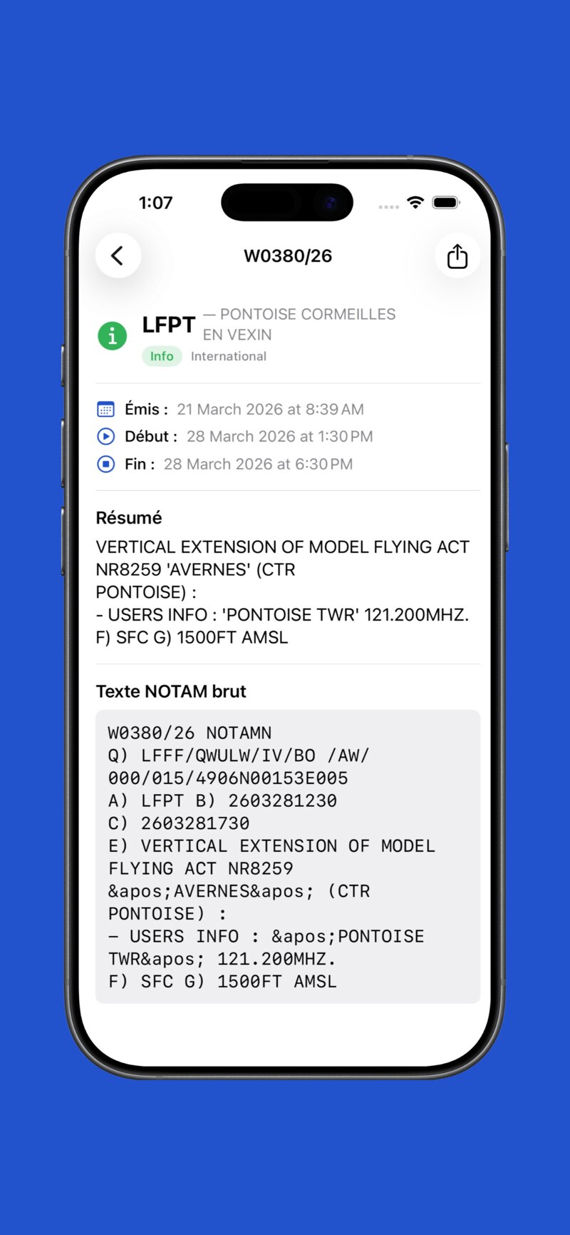Capture d'écran NOTAM — Détail d'un NOTAM