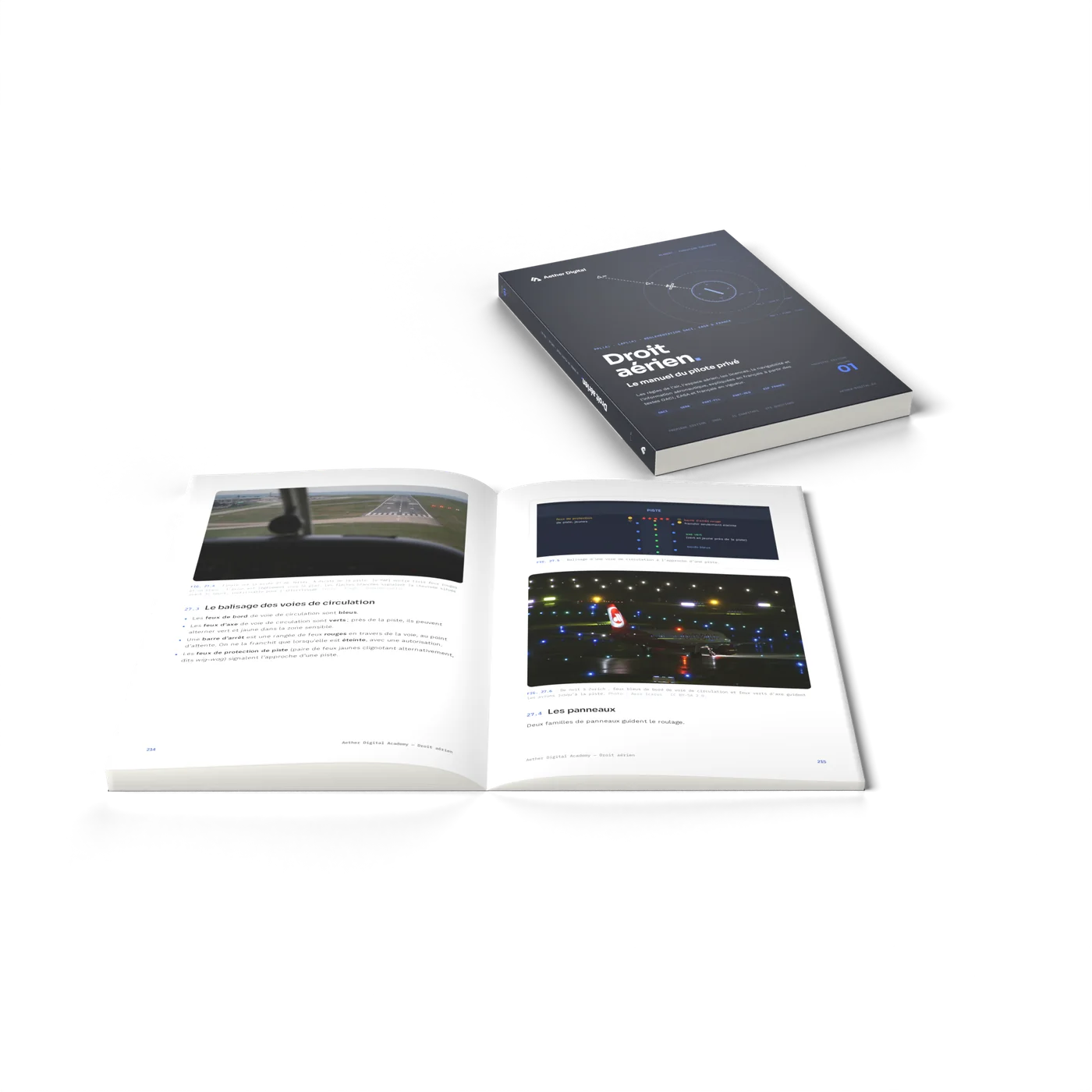 Le livre ouvert en perspective, pages illustrées de photos de vol